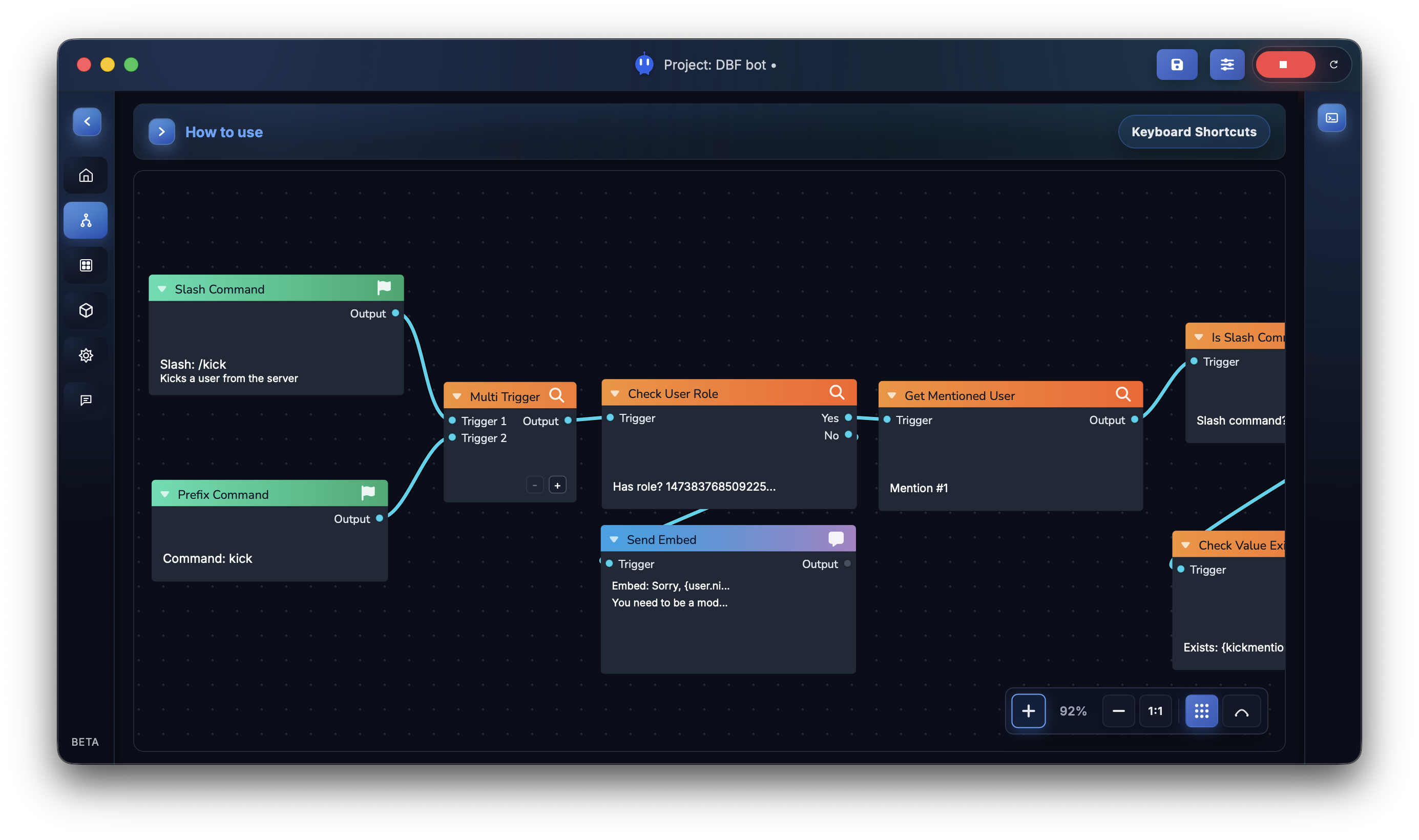 Discord Bot Factory visual workflow editor